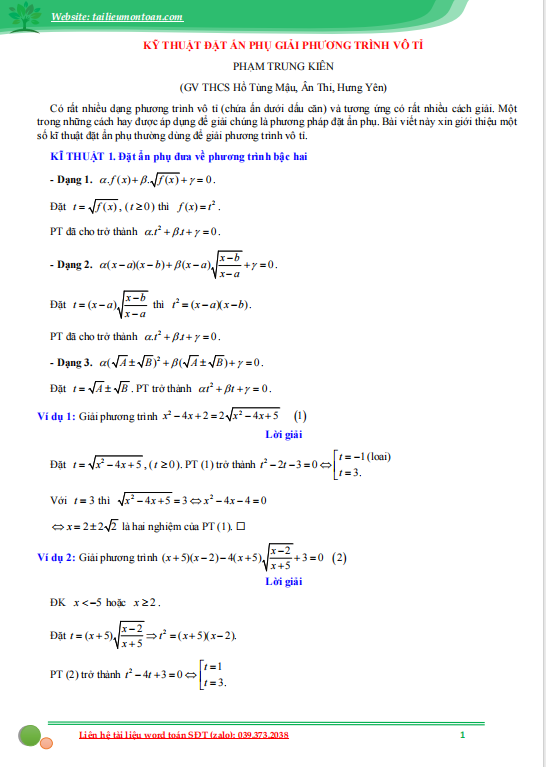 Kĩ thuật đặt ẩn phụ để giải phương trình vô tỷ